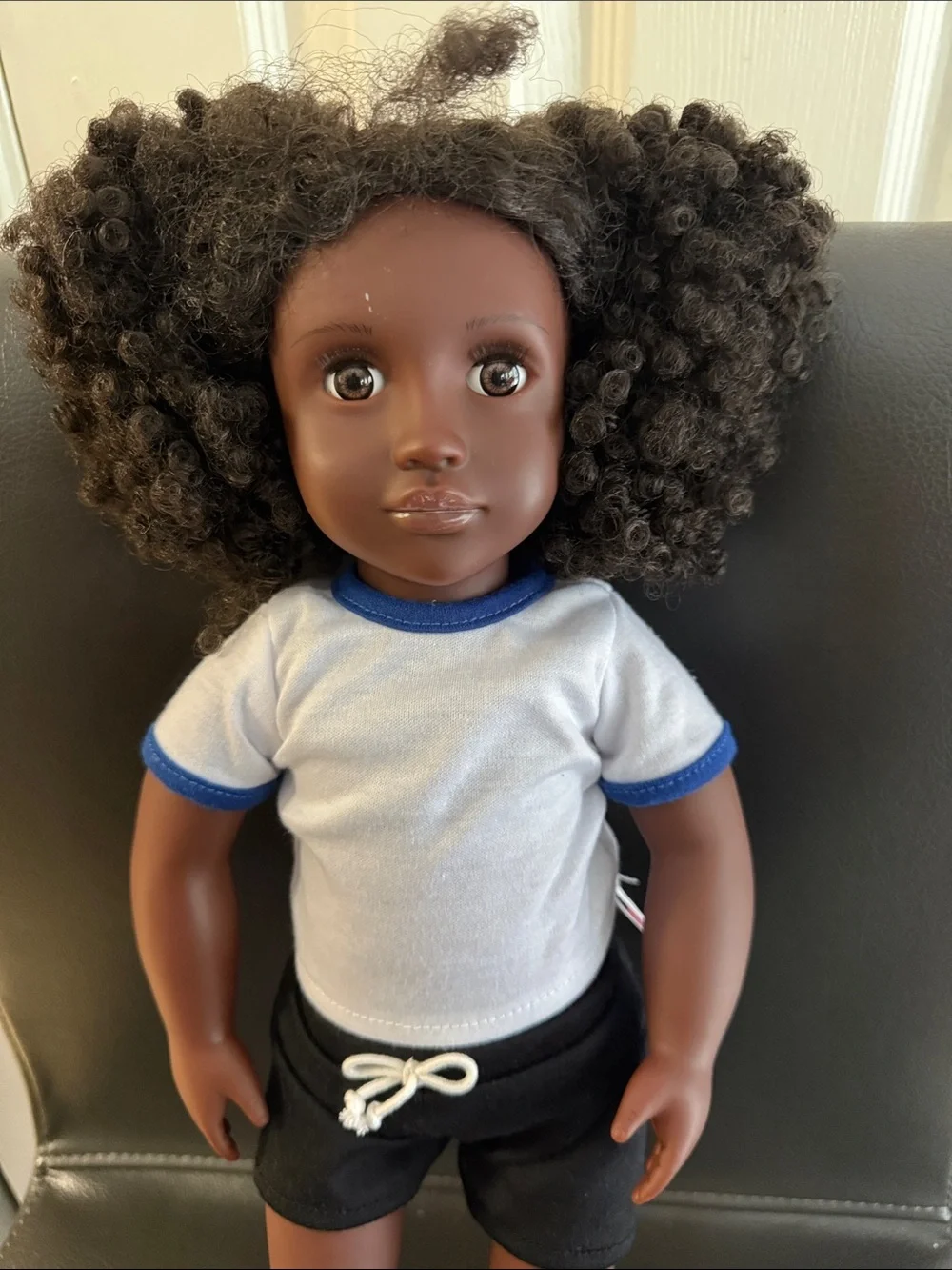 Classic Girls' Doll with Curly Hair - Black Skin, White & Blue Outfit